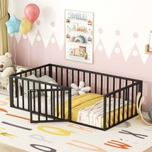 Sturdy Twin Metal Floor Bed Frame with Fence &amp; Door - Black - $155.99