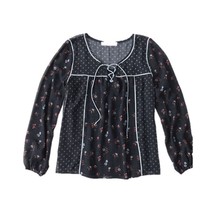 Abercrombie &amp; Fitch Women Navy Blue Floral Sheer Chiffon Lace Up Peasant Top S - £23.73 GBP