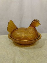 Vtg Indiana Glass Amber Gold Tone Chicken Hen on a Nest Candy Dish, Beaded Edge - £27.97 GBP