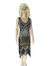 Beautiful 20s Flapper Dress Black with Gold Lace Sequins and Beads Great... - £39.66 GBP
