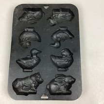 Vintage Cast Iron Muffin Pan - Farm Animals - Bunny Cow Chicken Duck - $22.77