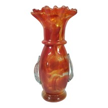 Orange Red Art Glass Roman Style Dual Handle Hand Blown Texture Vase - £18.60 GBP