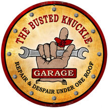 Busted Knuckle Garage Wrench Metal Sign 14" Round - $39.95