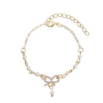 Korean Chain Crystal Rhinestone Pearl Bangle Bowknot Bracelet(Bowknot) - £7.66 GBP