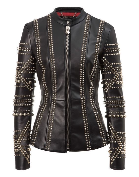 women black biker philipp plein rock star silver studded vintage leather jacket