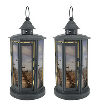 Scratch &amp; Dent Shabby Beach Pier 2 Piece Grey Metal LED Candle Lantern Set - £23.34 GBP