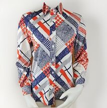 Vintage Abstract Plaid Polyester Top Womens S 70s Long Sleeve Blouse But... - $19.18