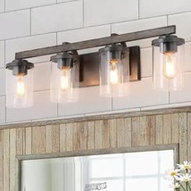 Birddlewood 28 in. 4-Light Rust Gray Bathroom Vanity Light with Wood Accents - £151.68 GBP