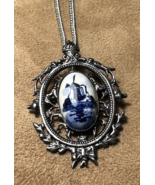 Dutch Delft Necklace Pendant Brooch Pin Oval Ceramic Silver Tone Filigre... - $29.77