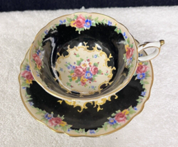 Vintage Paragon Appt to H.M. Queen Fine China Minuet Black Background Cup Saucer - £31.33 GBP