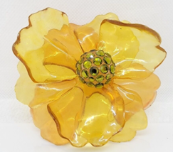 Vintage BROOCH Pin Unsigned VENDOME Lucite Honey Amber With Rhinestones 3.5&quot; - £30.09 GBP