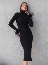 Elegant Office Feathers Black Knit Dress - £48.92 GBP