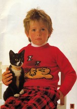 Vtg 17 Kids Knit Cat Train Initial Sweater Fisherman Cardigan Zip Jacket Pattern - $12.99