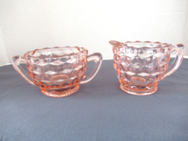 Depression glass Jeanette pink  cubist sugar &amp; cream bowls handles vintage - $13.67