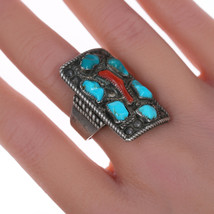 sz8.75 Vintage Zuni silver, carved turquoise, and branch coral ring - £233.45 GBP
