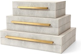 Set Of 3 Kingflux Faux Ivory Shagreen Leather Decorative Boxes, Storage Boxes, - $87.97