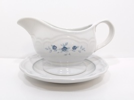  Pfaltzgraff Poetry Glossy Gravy Boat and Salad Plate Blue Flowers Castle Marks - £15.61 GBP