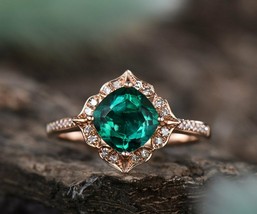 1.40Ct Cushion Cut Emerald Halo Wedding Engagement Ring 14k Rose Gold Finish - £61.30 GBP
