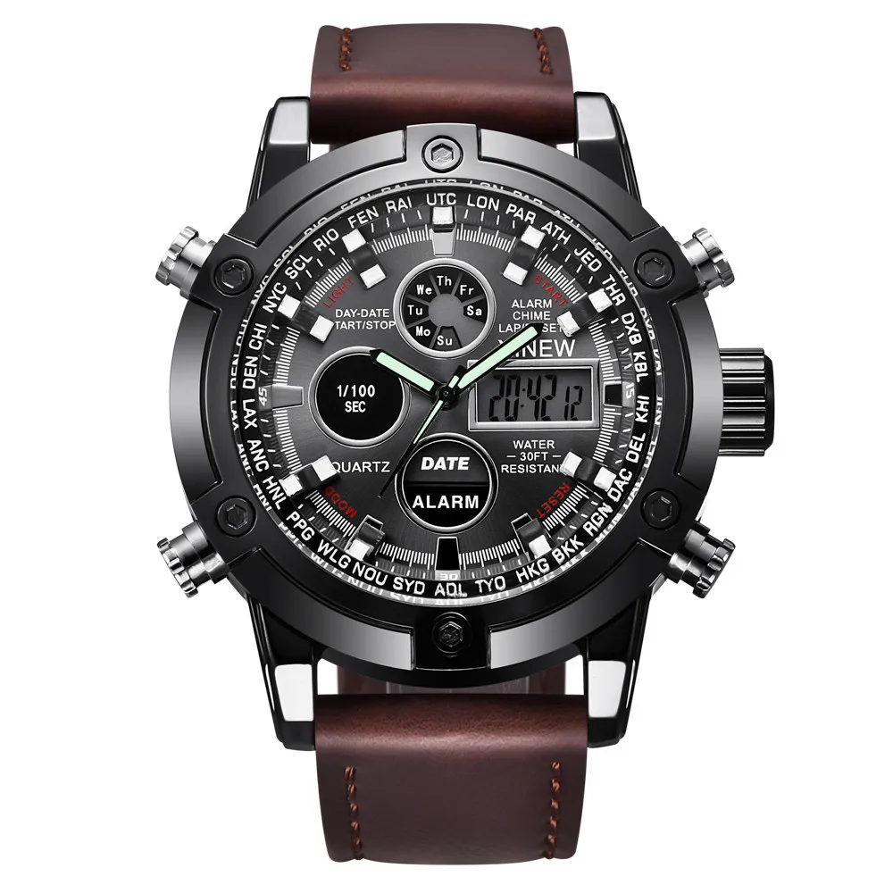 Fashion Mens   Dual Movt Men&#39;s Leather Quarz og Digital Led  Wrist Watch Profess - £135.81 GBP