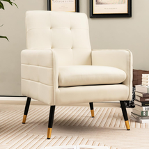 Upholstered Accent Chair Modern Mid-Century Armchair Tufted Back Linen White - £130.76 GBP