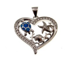 Solid 925 Sterling Silver &amp; Lab Opal Seashell, Starfish, &amp; Turtle Heart Pendant - £23.35 GBP