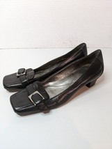 Enzo Angiolini Black Leather Heels Pumps 6.5 Large Buckle Accent Square Toe - £11.13 GBP