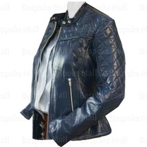 New Handmade Woman Blue Diamond Quilted Genuine Cowhide Biker Leather Ja... - $167.39+
