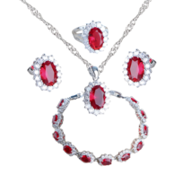 Anyco Jewelry Set 4Pcs Red Halo Style Zircon 925 Silver Floral - $64.90+