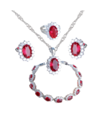 Anyco Jewelry Set 4Pcs Red Halo Style Zircon 925 Silver Floral - $64.90+