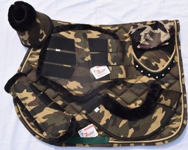 Camouflage English Saddle Pad Set Fly Veil Horse Ear Bonnet Tack Zainee Sports - £72.71 GBP