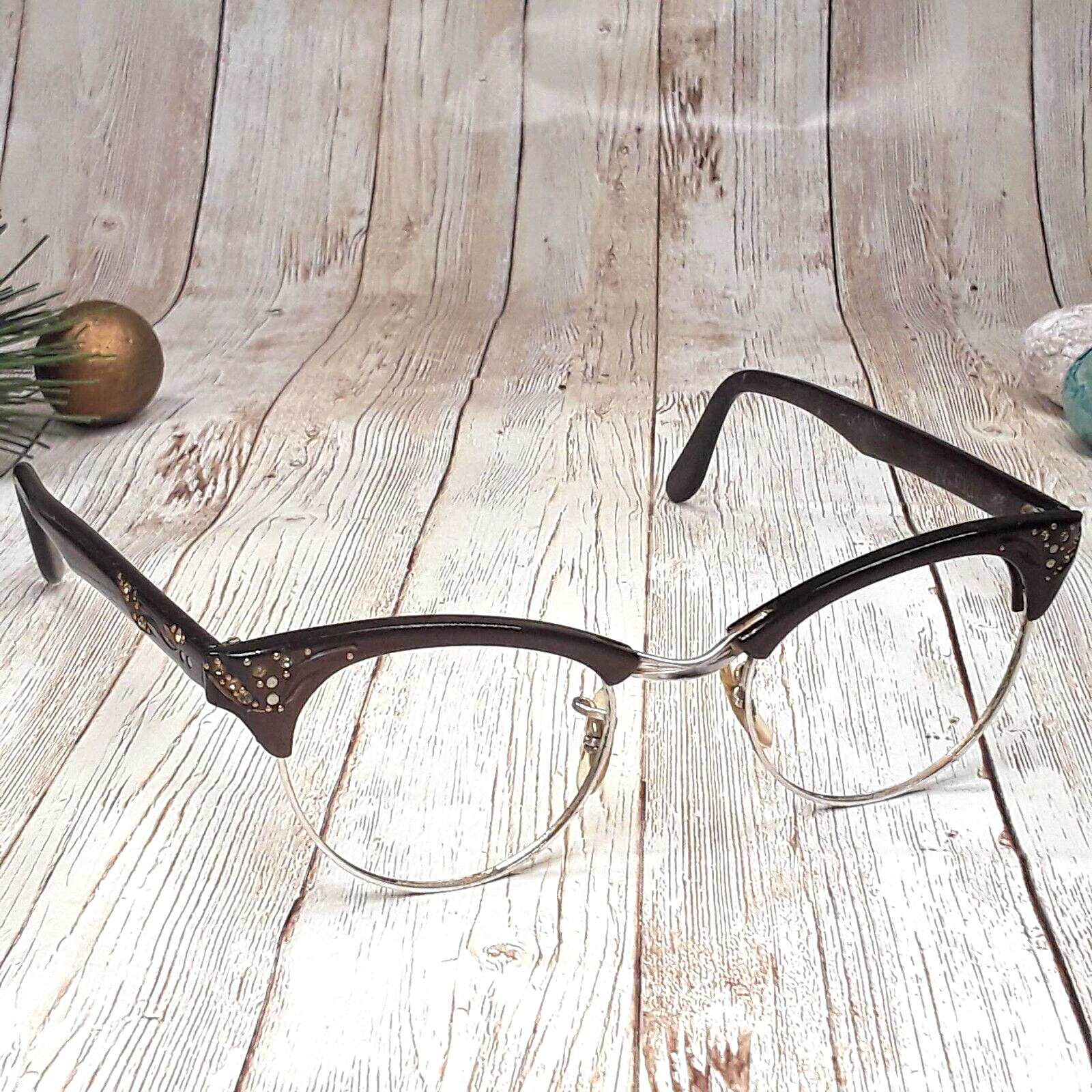 Vintage UOC 10K Gold Plated Metal Wooden Cat Eye Eyeglasses FRAMES ONLY ... - $73.24