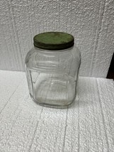 Vintage Glass Jar w/Green Lid Ribbed Sides Country Store Hoosier Cabinet... - $35.64