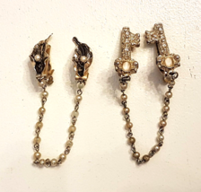 Sweater Clip PIN LOT Skeleton Key &amp; Faux Pearl Leaf Chain Clasp Granny C... - $24.67