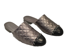 CHANEL Metallic Gray Quilted Slide with Black Captoe and Chain Detail - Size 40 - £284.27 GBP