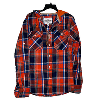 Ditch Plains Hooded Shirt Size Small Button Front Orange Royal Plaid Cotton Mens - £20.33 GBP