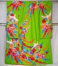Light Green Kakeshita - Vintage Silk Wedding Kimono - Yuzen Hand-Painted Birds &amp; - £144.98 GBP