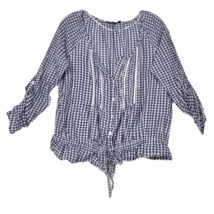 Lindex Women&#39;s Blouse Gingham Blue White Roll Tab Sleeve Size 46 US 16 - $23.69