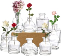 10 Small Glass Flower Vases, Clear Glass Bud Vases, Decorative, Vintage Look. - £28.79 GBP