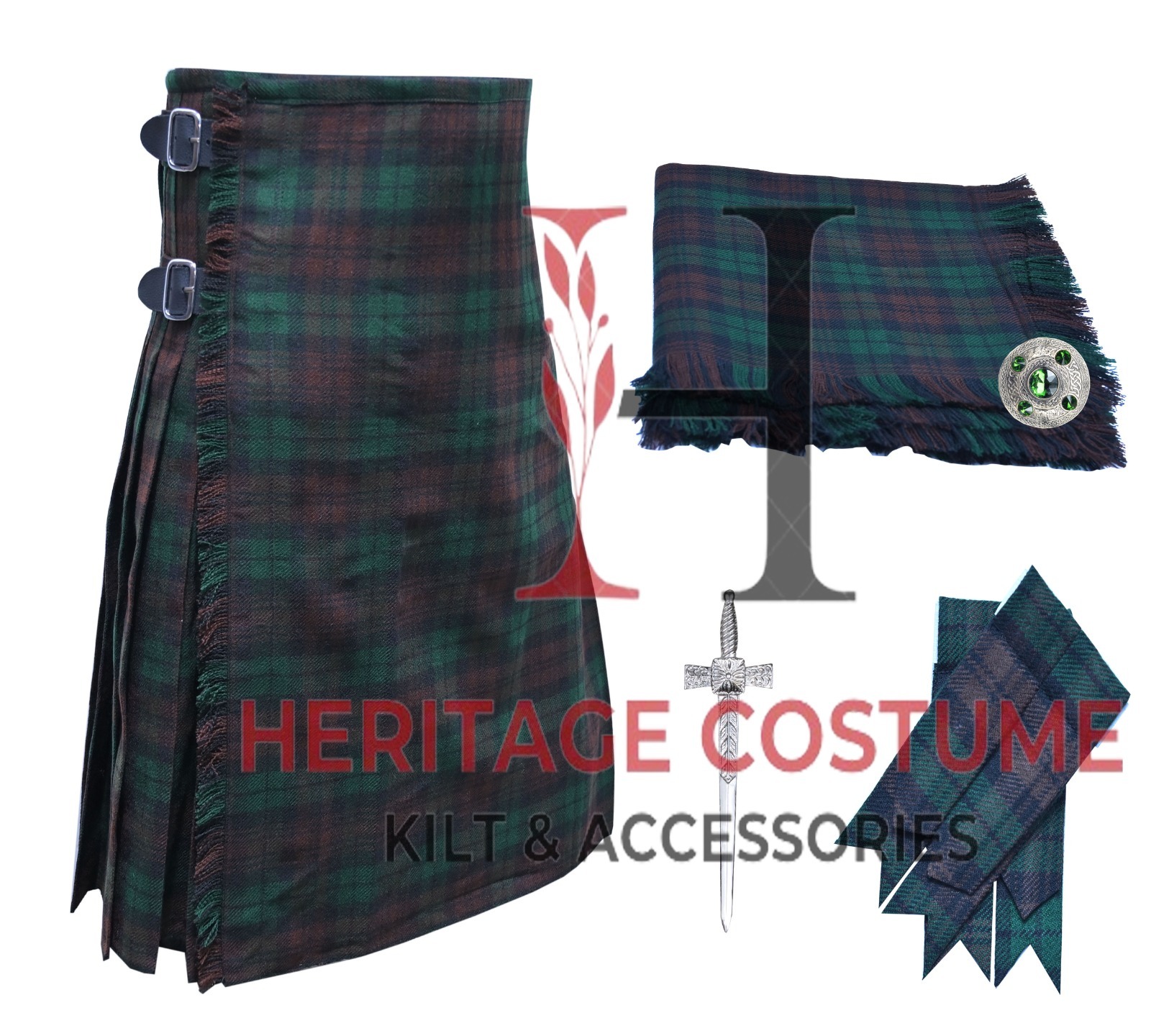 Primary image for Men's Scottish Traditional 8 Yard Kilt Brown Watch Tartan KILT Package