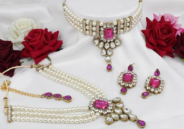 Indian Gold Plated Pearl Choker Statement Necklace Pink Kundan Jewelry Set - £22.72 GBP