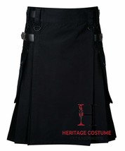 Scottish Men&#39;s Black Cotton Utility KILT Duty Kilt Two Side Cargo Pockets Kilt  - £53.94 GBP+