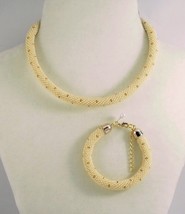 Pearl-Yellow-Gold dotted Jewelery set:beaded rope necklace and bracelet,... - $54.00