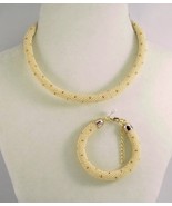 Pearl-Yellow-Gold dotted Jewelery set:beaded rope necklace and bracelet,... - $73.23 CAD
