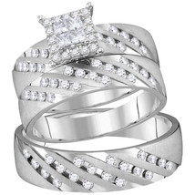 14kt White Gold His Hers Princess Diamond Cluster Matching Bridal Wedding Set - $1,799.00