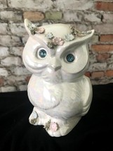 Vintage Lefton Iridescent Owl Vase Blue Rhinestone Eyes Flowers W/Spaghetti Trim - £16.67 GBP