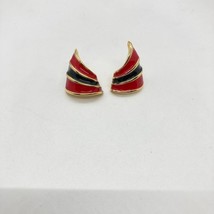 Vintage Enamel Pierced Stud 1&quot; Earrings Gold Tone Red Black 1990s No Backs - £6.17 GBP