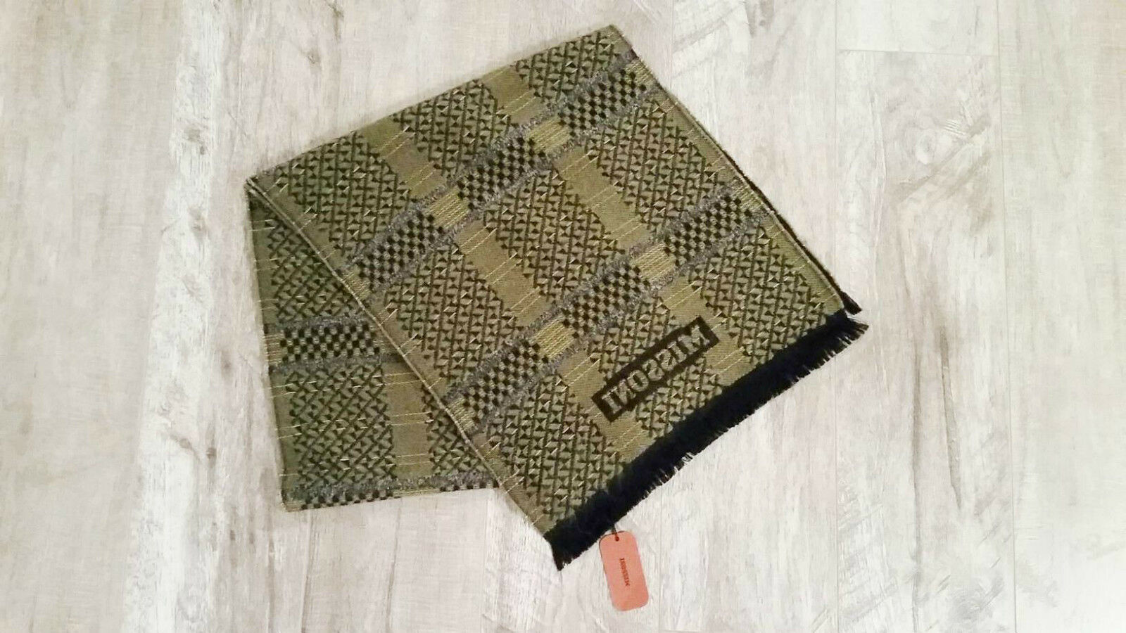 MISSONI Italy CHEVRON Pattern Centered FRINGE Trim WOOL Scarf BLACK / ARMY GREEN - $168.27