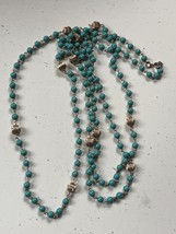 Vintage Very Long Turquoise Plastic w Ridged Goldtone Bead Necklace – 59 inches - £10.28 GBP