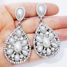 Clip On Drop Earrings, Bridesmaid Rhinestone Earrings, 2.8 Inch Faux Pearl Jewel - £26.63 GBP