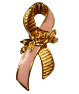 Vintage Avon Breast Cancer Pink Ribbon Brooch Pin Awareness Gold Tone - £2.06 GBP
